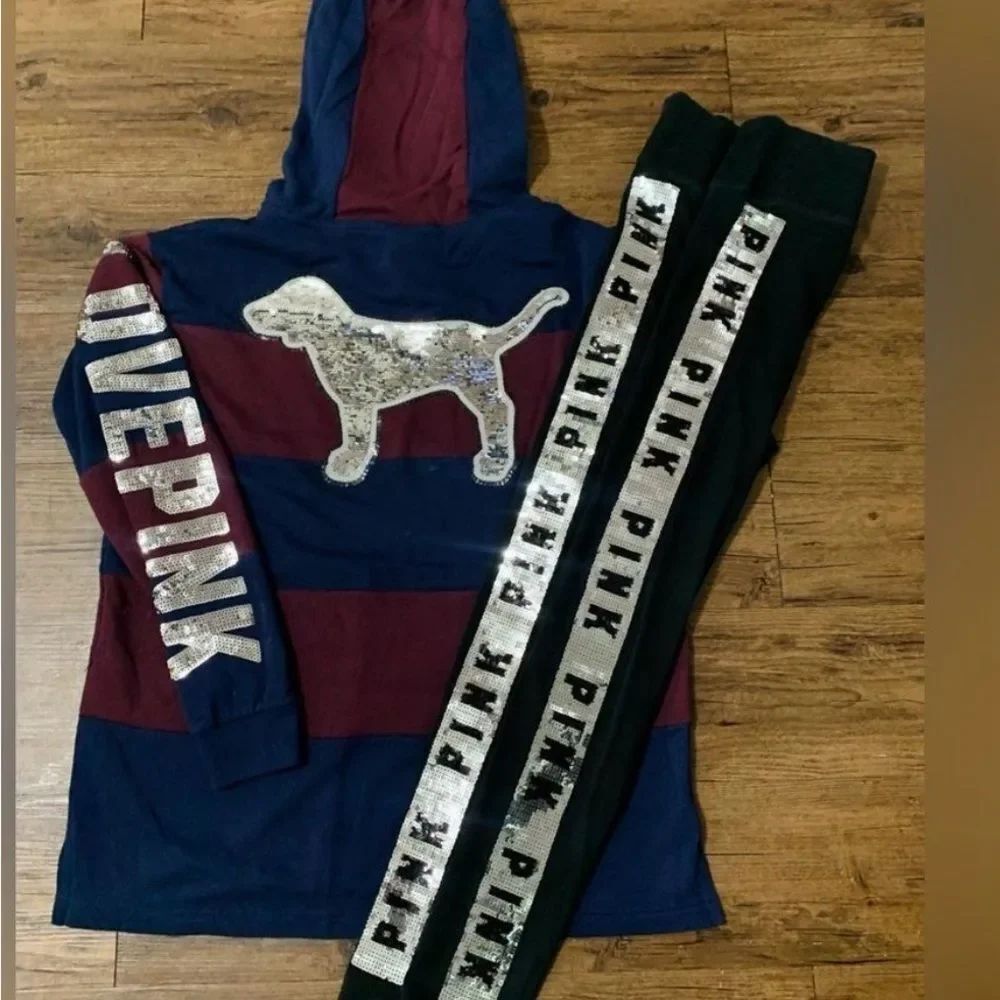 Victoria's Secret Bling Stripe Dog Hoodie / Leggings Outfit set L